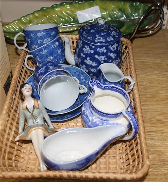 A quantity of mixed blue and white ceramics, A Deco pin dolly and a Carlton ware dish